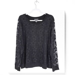 Adrianna Papell Floral Lace Overlay Front Sweatshirt Long Sleeves Round Neck